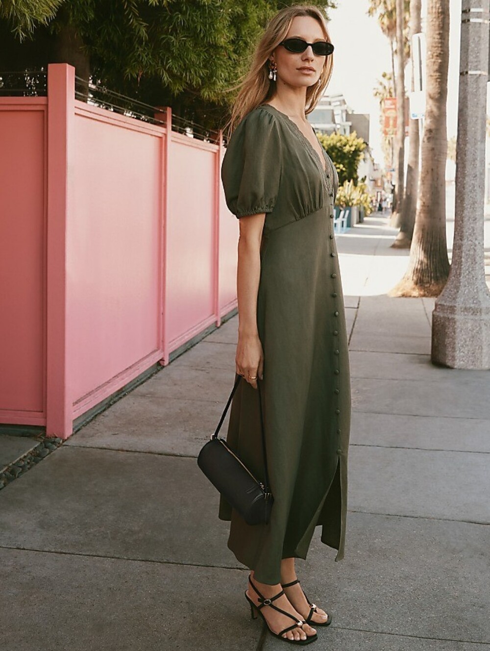 Olive Green Puff-Sleeve Linen Blend Midi Dress